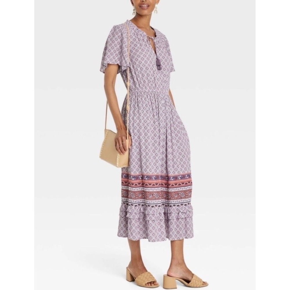 Knox Rose L Women Purple Paisley Floral Tassle Tie Midi Dress Cottage Boho Beach